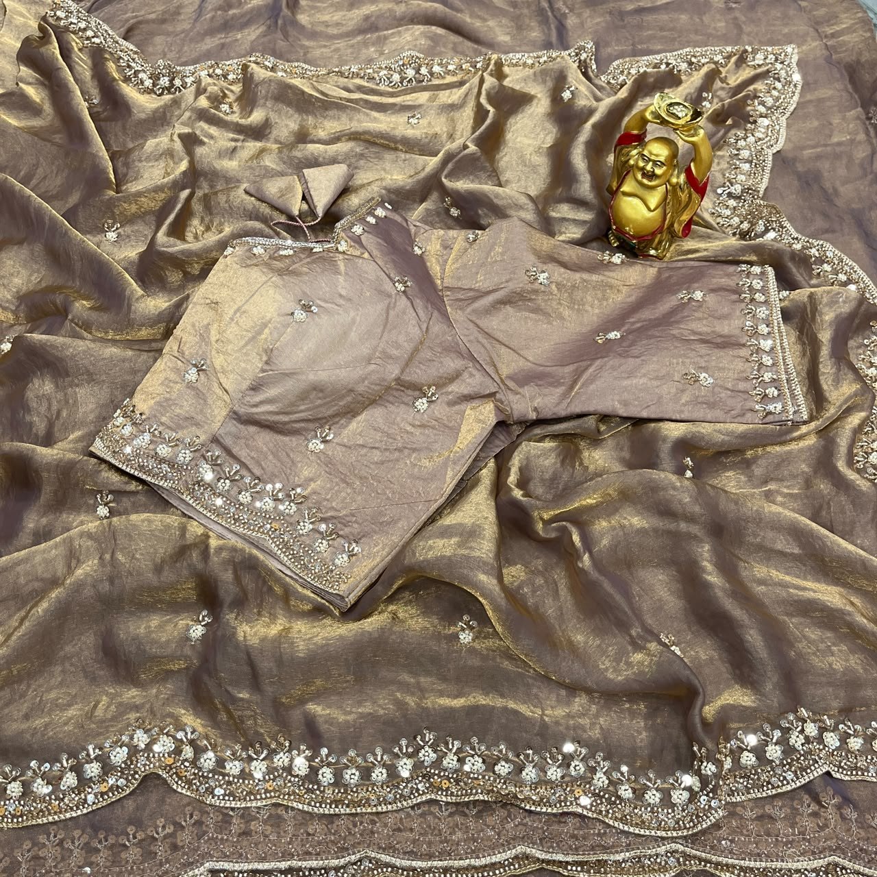 Pure Space Silk Velvet Shine Sequins Cutdana Handwork Saree