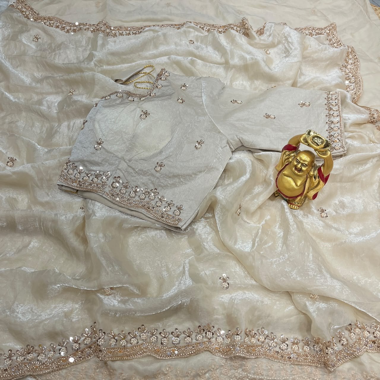 Pure Space Silk Velvet Shine Sequins Cutdana Handwork Saree