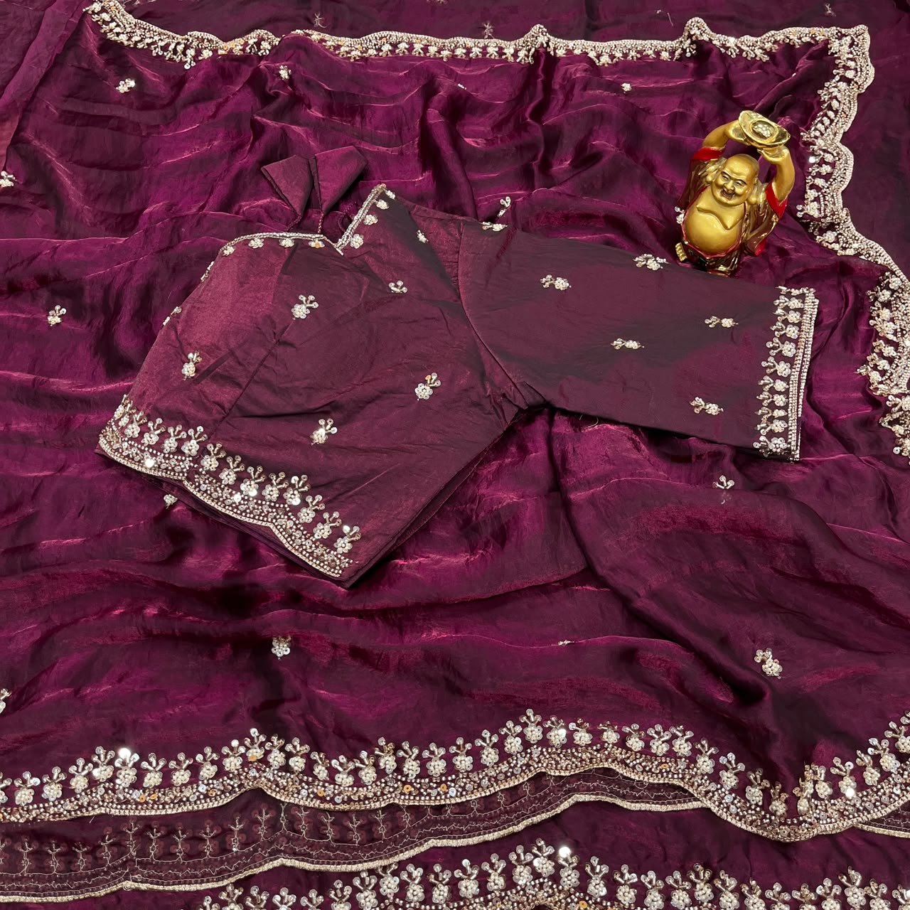 Pure Space Silk Velvet Shine Sequins Cutdana Handwork Saree