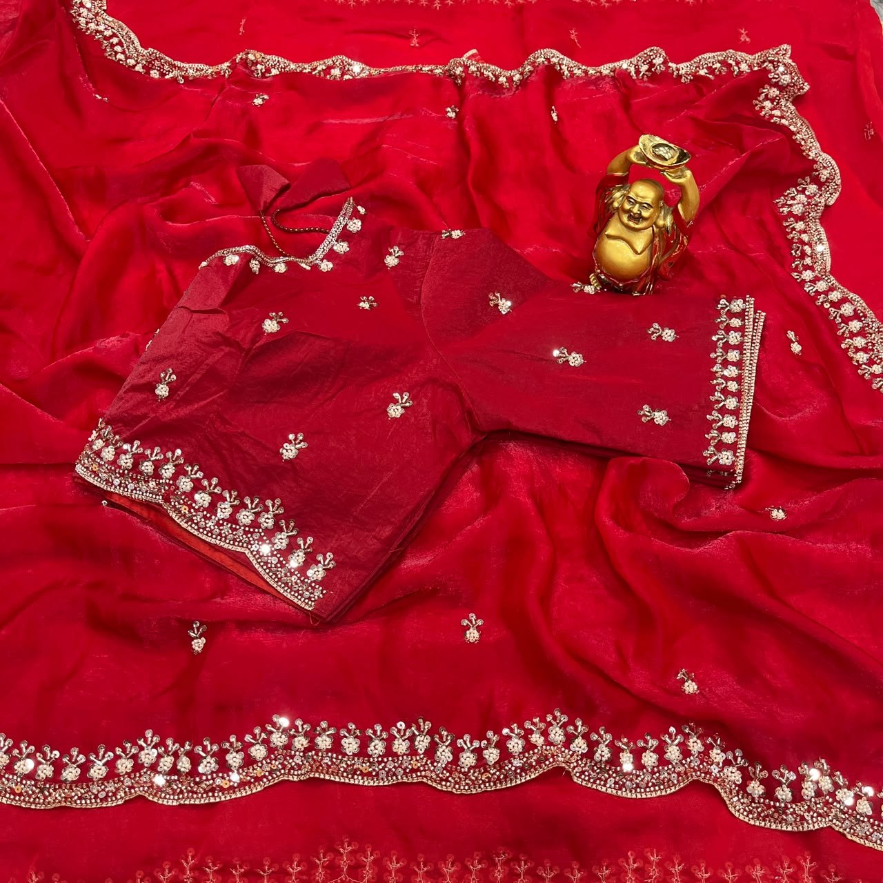 Pure Space Silk Velvet Shine Sequins Cutdana Handwork Saree