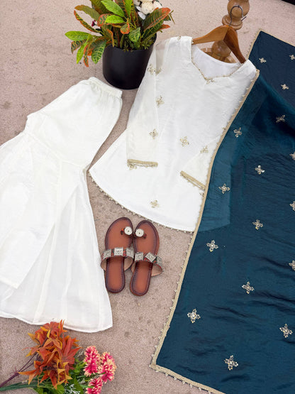 Beautiful Soft Fendy Silk With Embroidery Sequence Work Sharara Suit