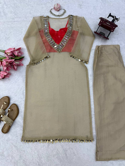 Golden Tissue Salsa Mirror Work Kurta Palazzo