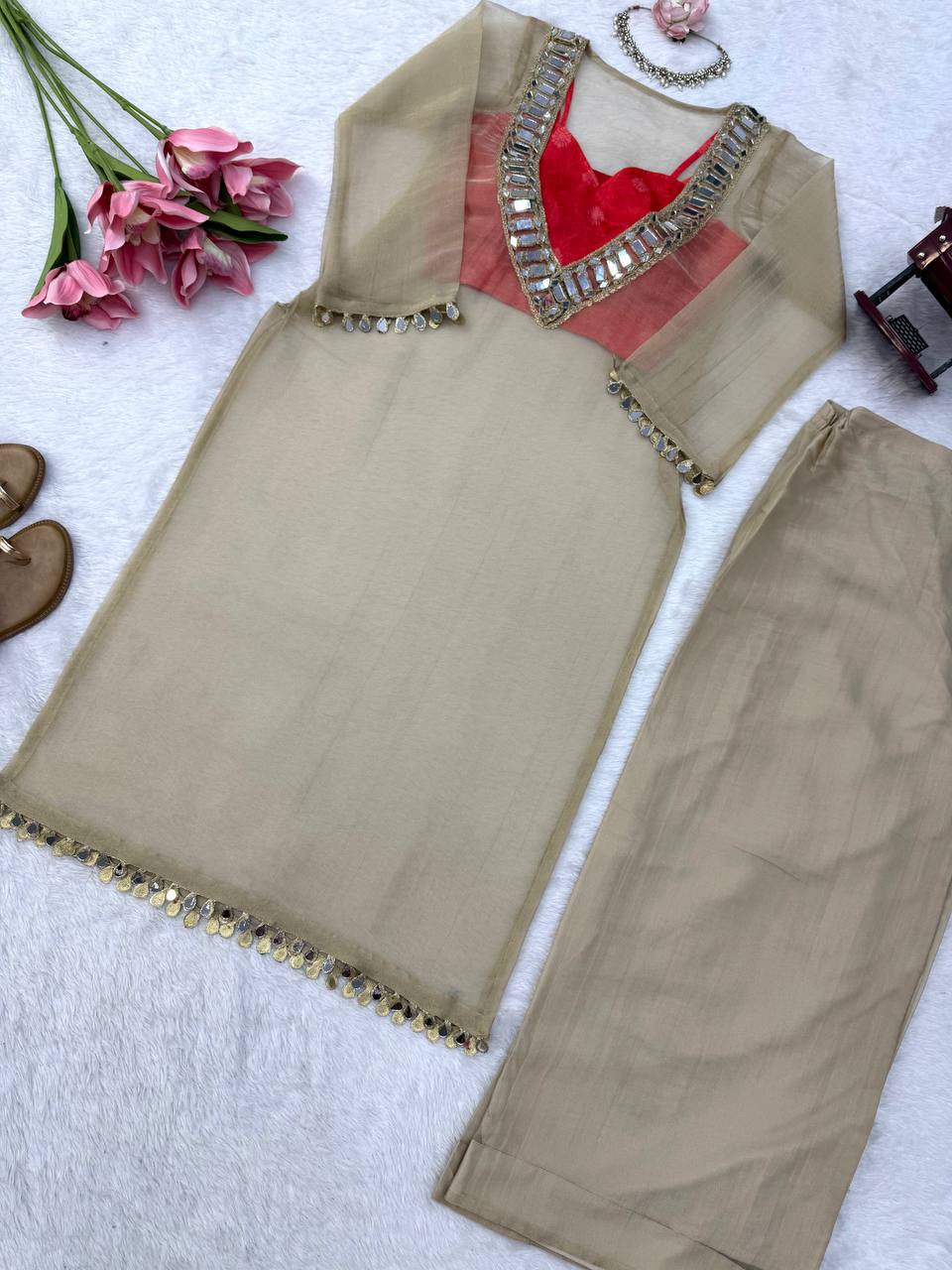 Golden Tissue Salsa Mirror Work Kurta Palazzo