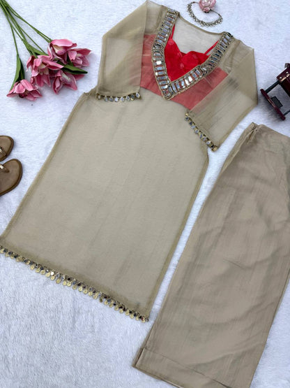 Golden Tissue Salsa Mirror Work Kurta Palazzo