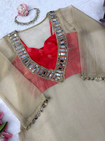 Golden Tissue Salsa Mirror Work Kurta Palazzo