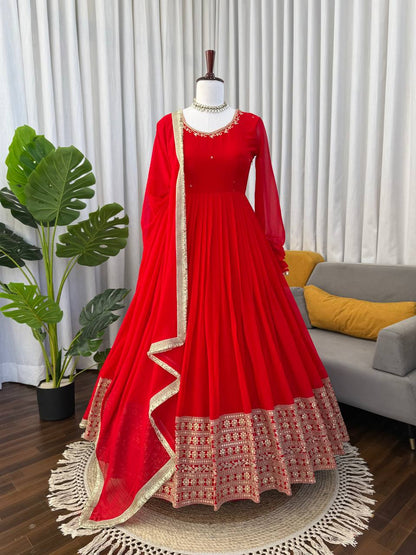Wedding Special Georgette Squence Work Red Color Anarkali Gown
