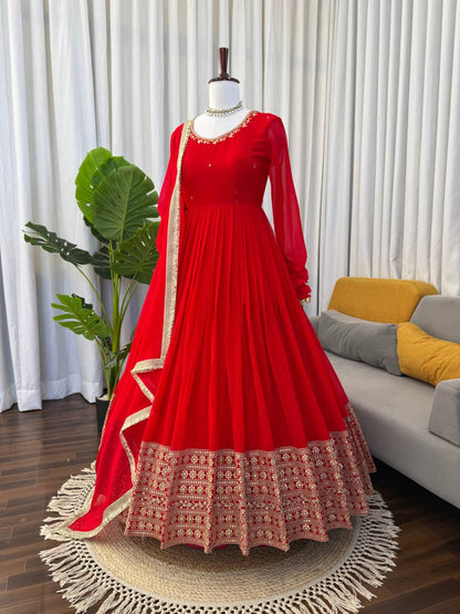 Wedding Special Georgette Squence Work Red Color Anarkali Gown