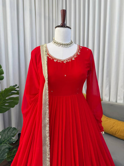 Wedding Special Georgette Squence Work Red Color Anarkali Gown
