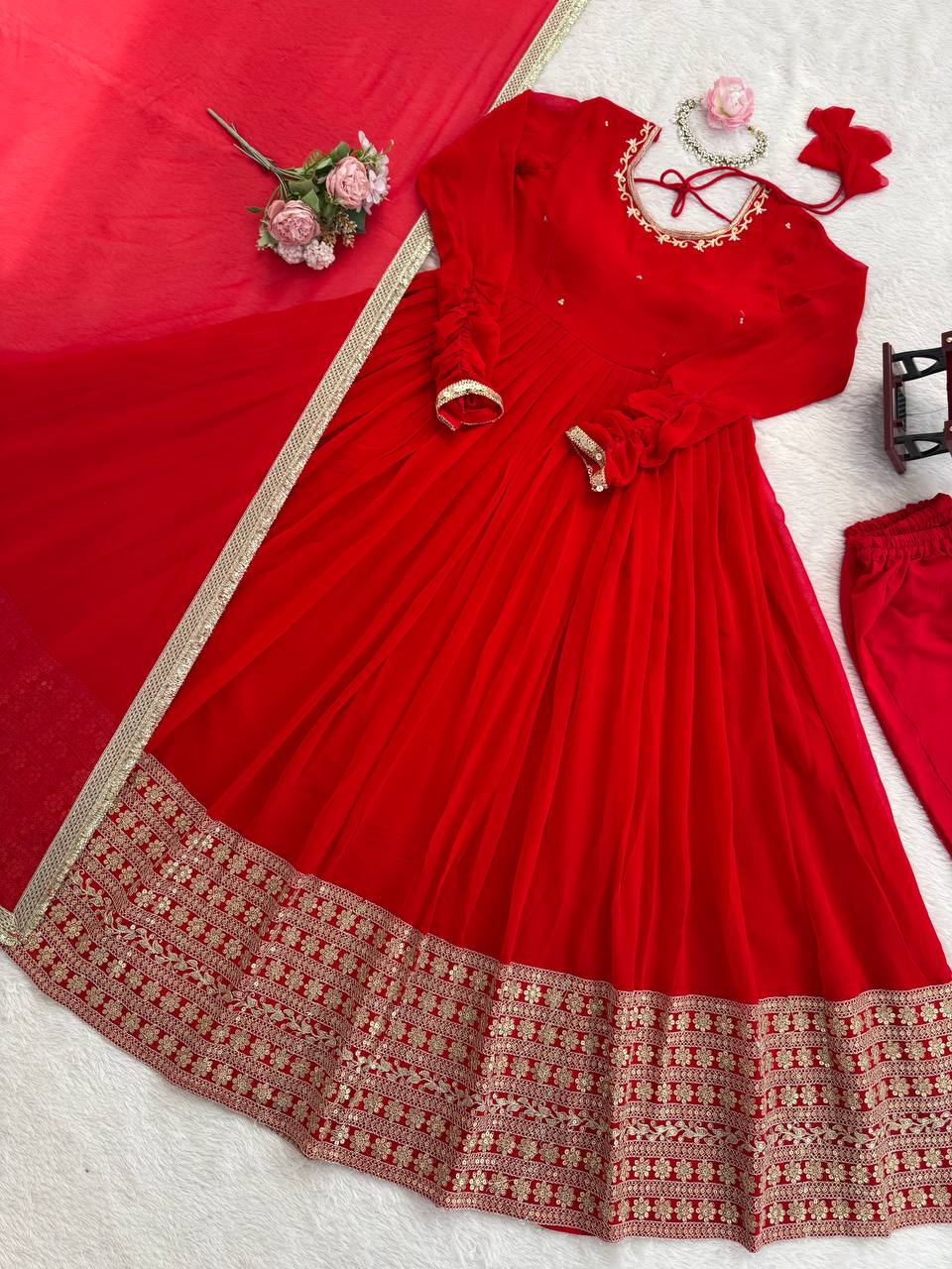 Wedding Special Georgette Squence Work Red Color Anarkali Gown