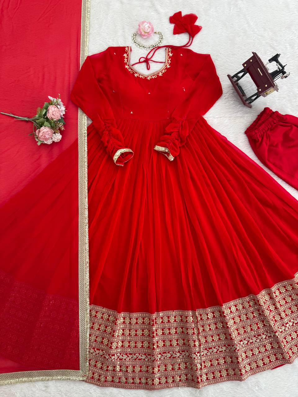 Red Color Georgette Coding Dori With Sequience Work Anarkali