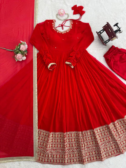 Red Color Georgette Coding Dori With Sequience Work Anarkali
