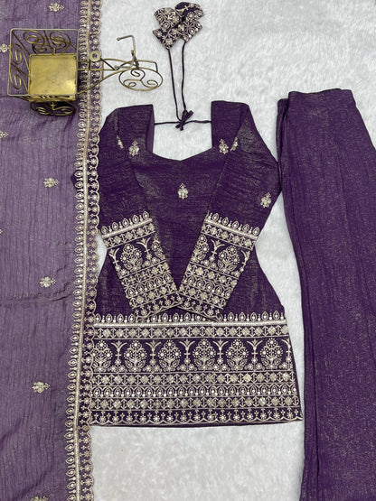 Crunchy Silk Embroidered Bell Bottom Suit Set