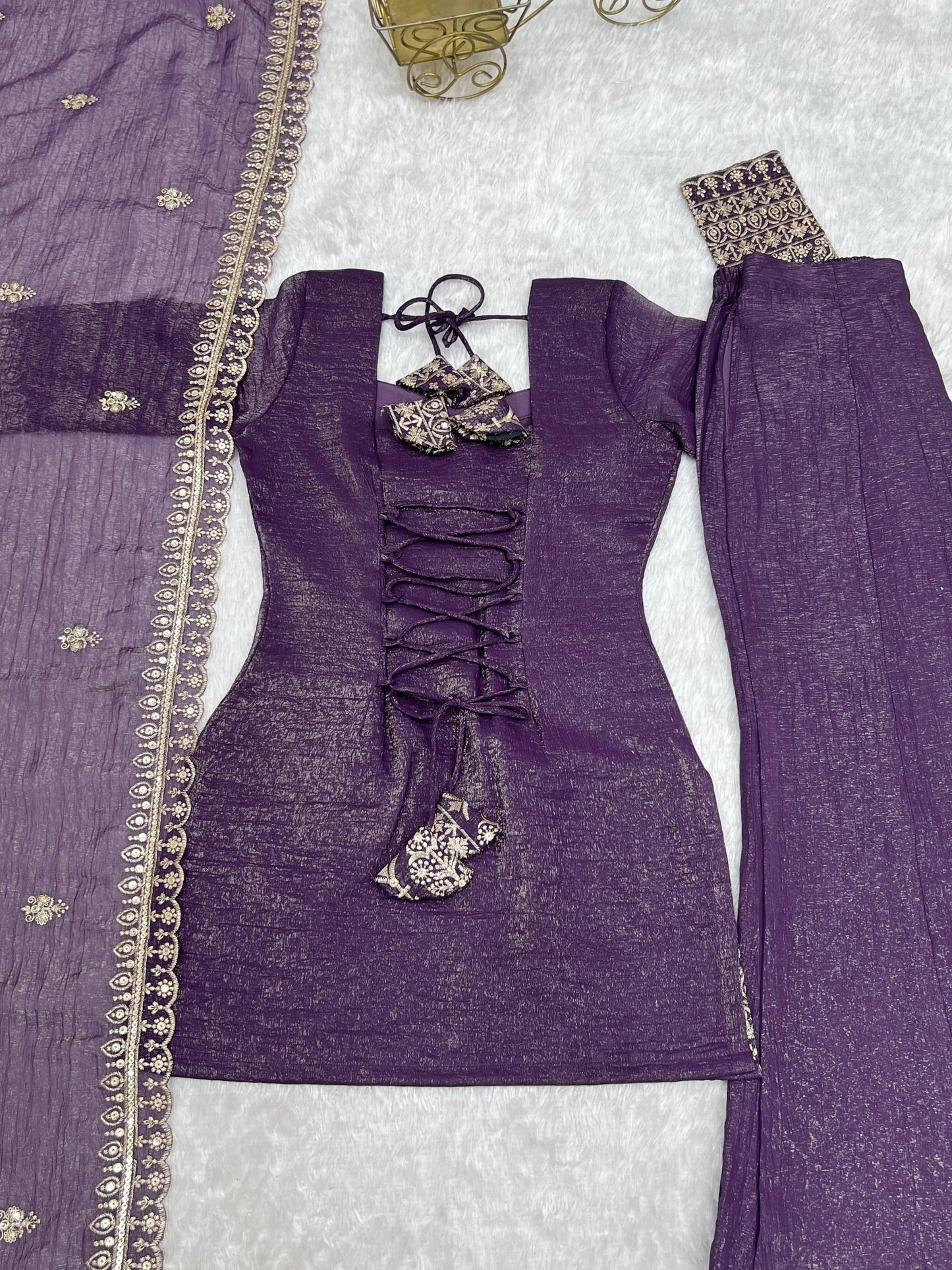 Crunchy Silk Embroidered Bell Bottom Suit Set