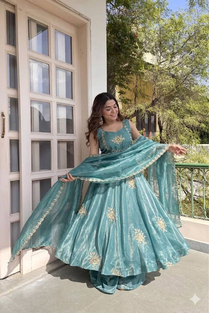 Beautiful Look Fendi Satin Gown With Sequence Embroidery Zari Work Plazzo
