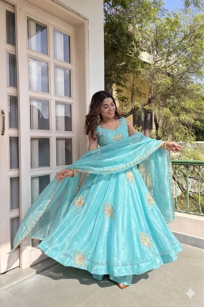 Beautiful Look Fendi Satin Gown With Sequence Embroidery Zari Work Plazzo