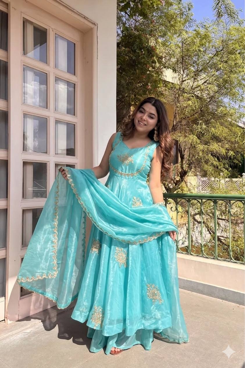 Beautiful Look Fendi Satin Gown With Sequence Embroidery Zari Work Plazzo