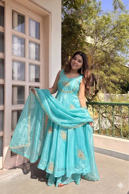 Beautiful Look Fendi Satin Gown With Sequence Embroidery Zari Work Plazzo
