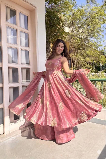 Beautiful Look Fendi Satin Gown With Sequence Embroidery Zari Work Plazzo