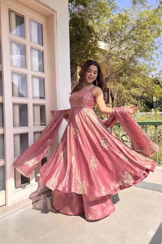 Beautiful Look Fendi Satin Gown With Sequence Embroidery Zari Work Plazzo