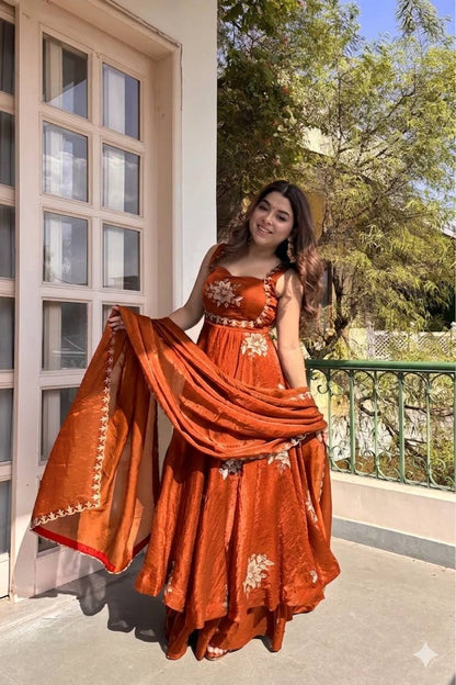 Beautiful Look Fendi Satin Gown With Sequence Embroidery Zari Work Plazzo