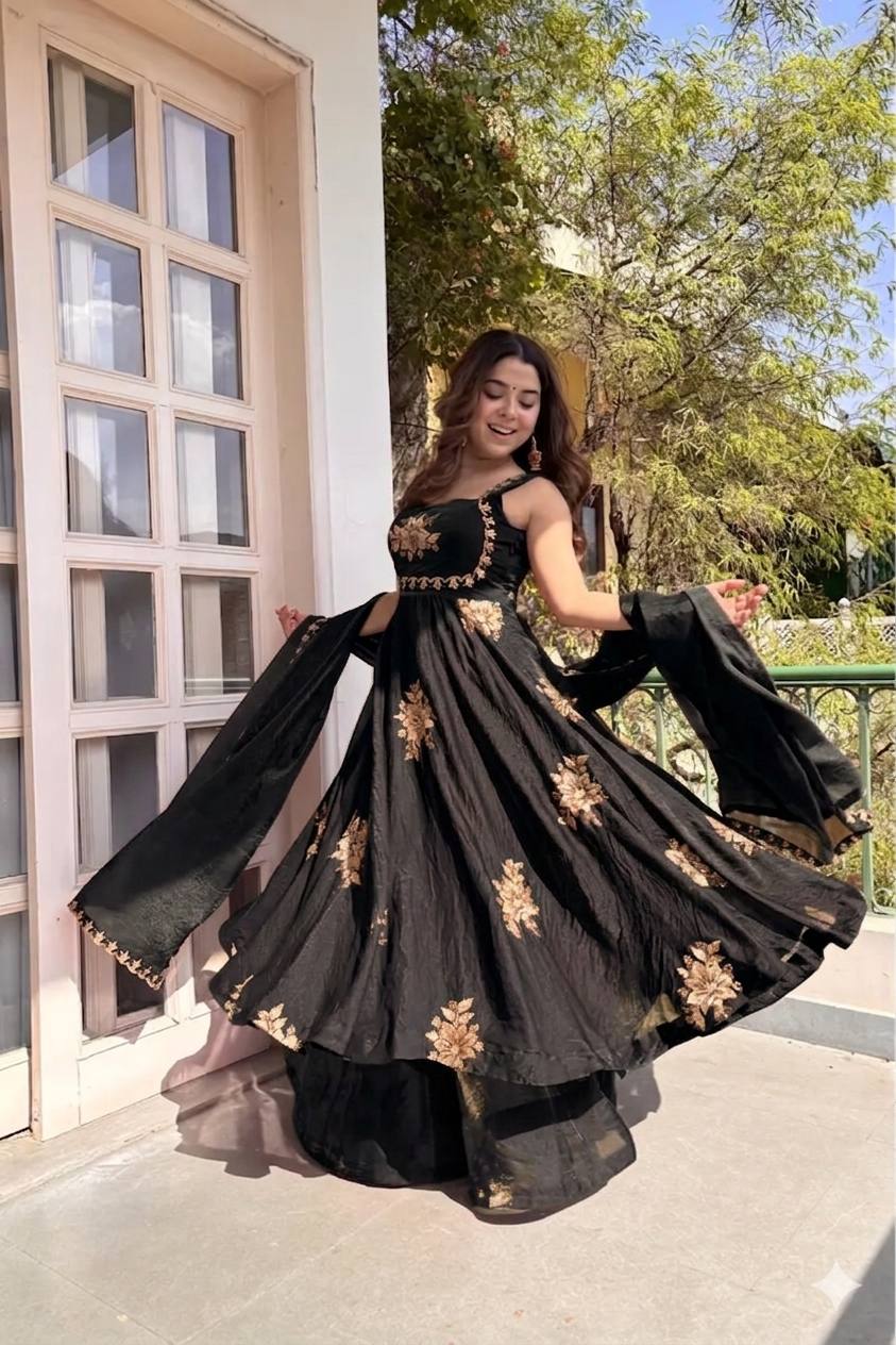 Beautiful Look Fendi Satin Gown With Sequence Embroidery Zari Work Plazzo