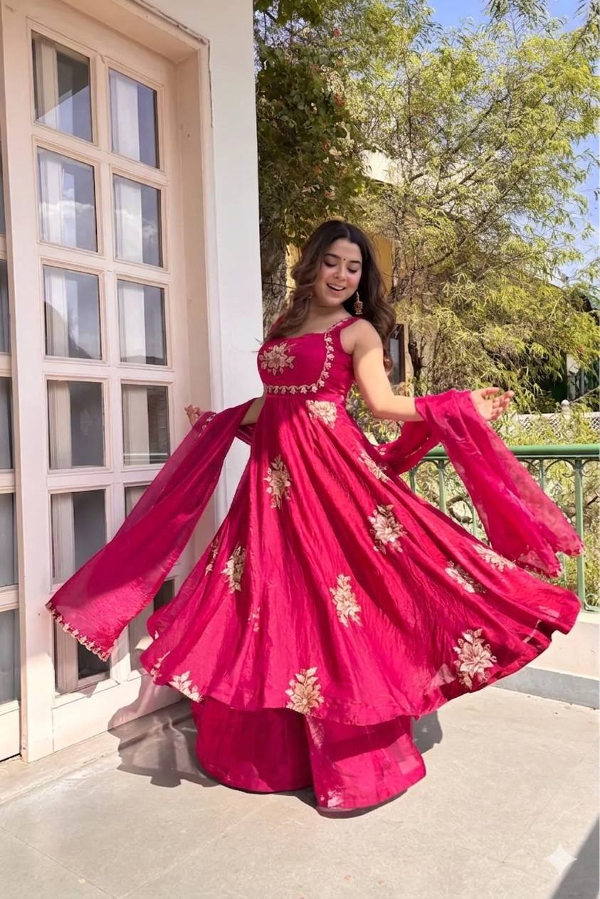 Beautiful Look Fendi Satin Gown With Sequence Embroidery Zari Work Plazzo