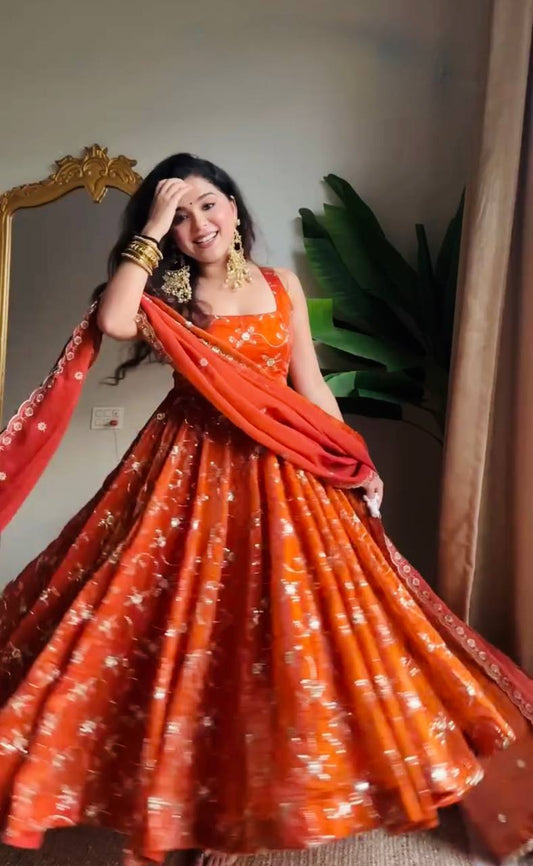 Orange Color Fendy Silk With Sequience And Padded Work Anarkali