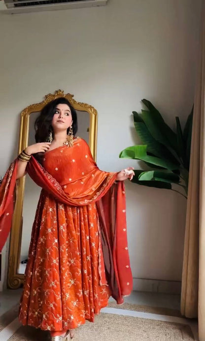 Orange Color Fendy Silk With Sequience And Padded Work Anarkali