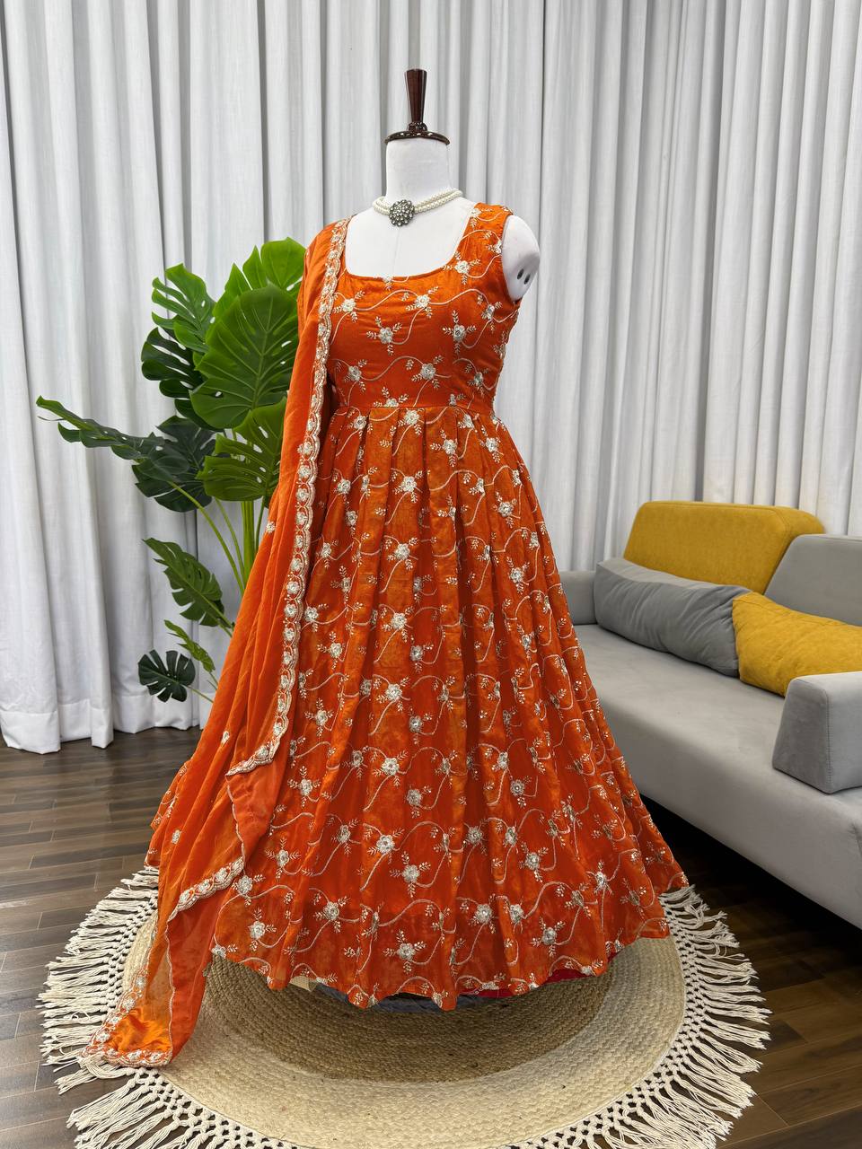 Orange Color Fendy Silk With Sequience And Padded Work Anarkali