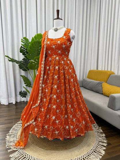 Orange Color Fendy Silk With Sequience And Padded Work Anarkali