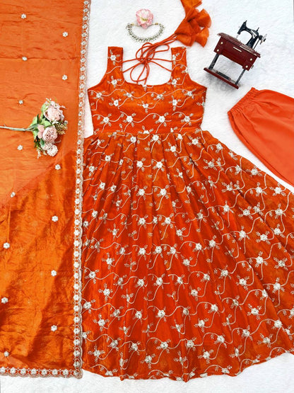 Orange Color Fendy Silk With Sequience And Padded Work Anarkali