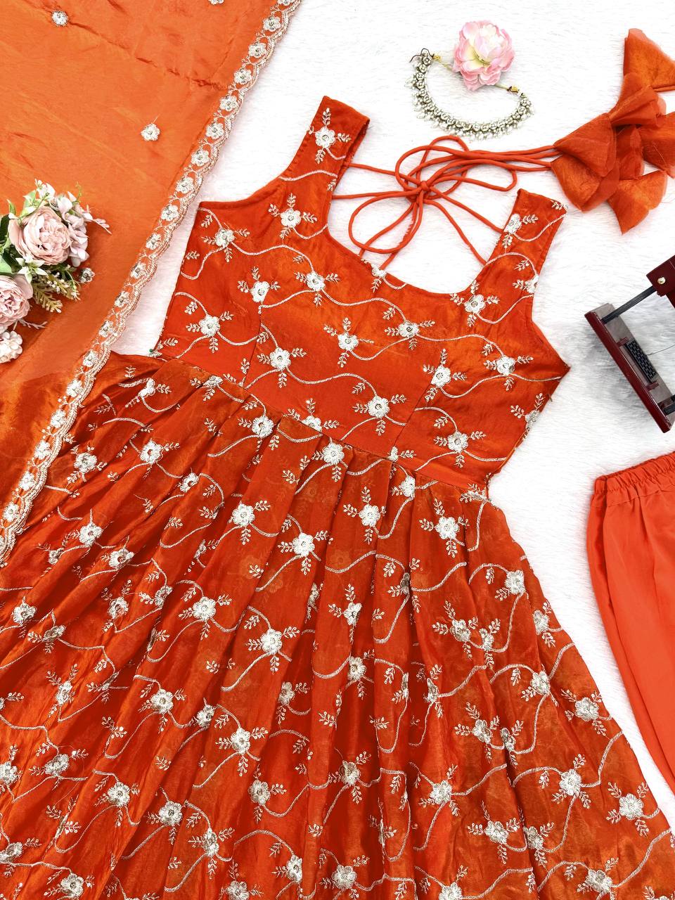 Orange Color Fendy Silk With Sequience And Padded Work Anarkali