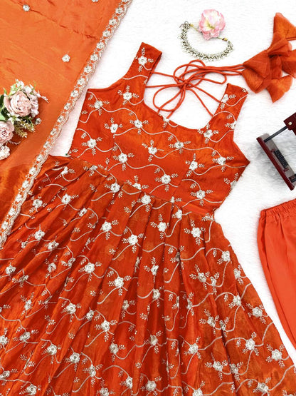 Orange Color Fendy Silk With Sequience And Padded Work Anarkali