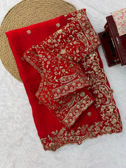 Heavy Fendy Silk Thread Sequins Embroidery Work Saree