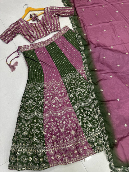 Chinon Fabric With Sequience Embroidery Work Lehenga