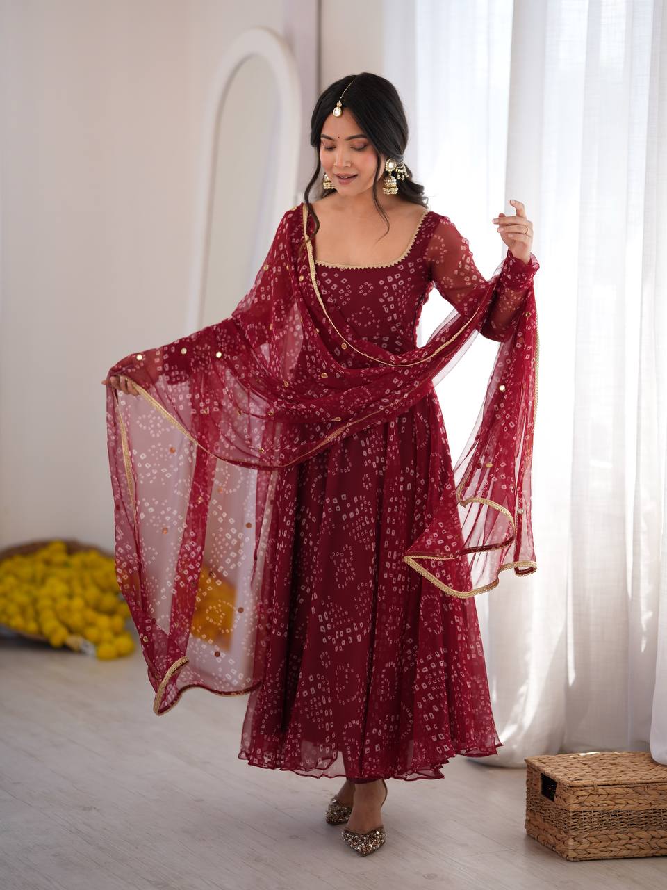 Red Color Beautifull Faux Georgette Print Work Top Pent