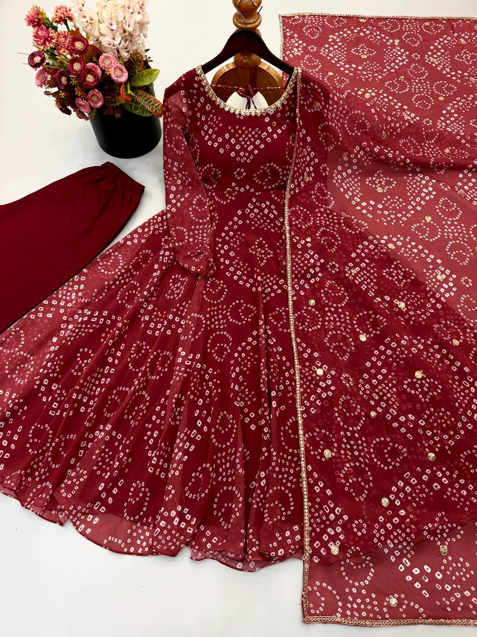 Red Color Beautifull Faux Georgette Print Work Top Pent