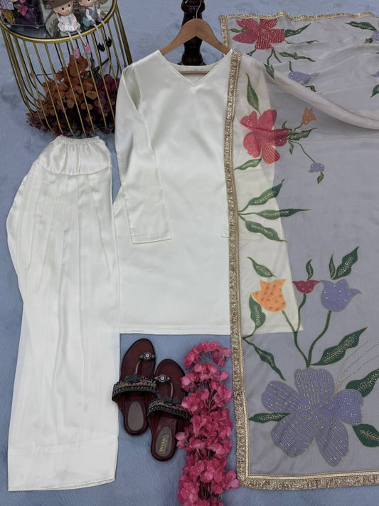 White Color Micro Cotton Japan Silk Top Plazzo