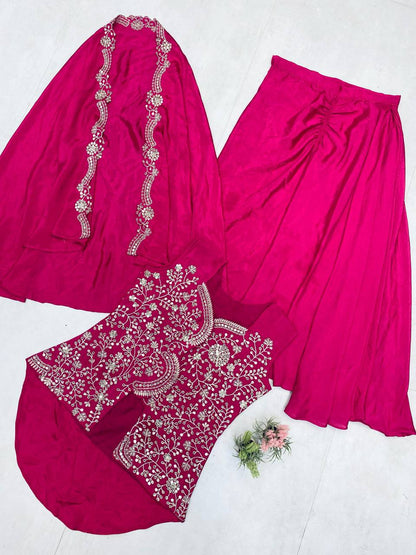 Chinon Sequence Embroidery Work With Full Stithed Blouse Skirt