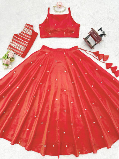 Red Color Simmer Silk With Thread With Sequience Work Lehenga Choli With Koti