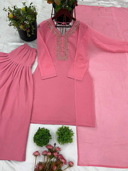 Faux Geeorgette Embroidery And Hand Work With Micro Cotton Top Farshi