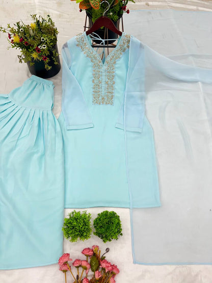 Faux Geeorgette Embroidery And Hand Work With Micro Cotton Top Farshi