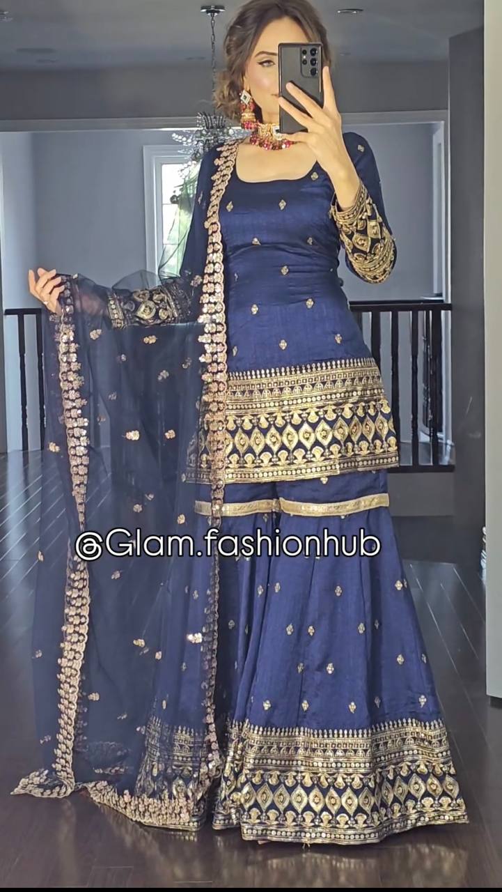 Havy Vichitra Silk Embroidery Work Top Sharara