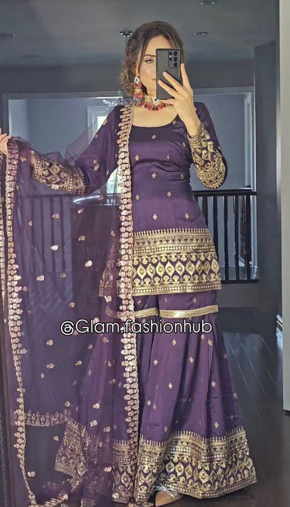 Havy Vichitra Silk Embroidery Work Top Sharara