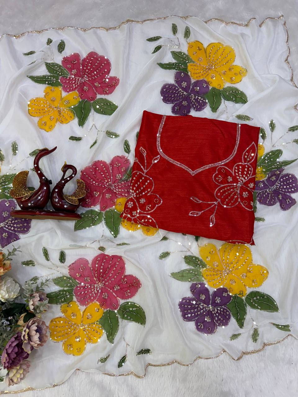 Soft Tabby Silk Floral Print Beads Sequins Handwork Saree