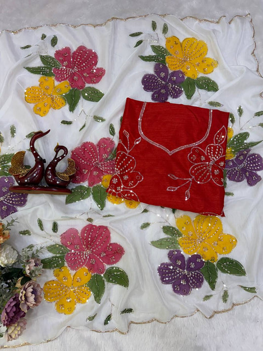 Soft Tabby Silk Floral Print Beads Sequins Handwork Saree