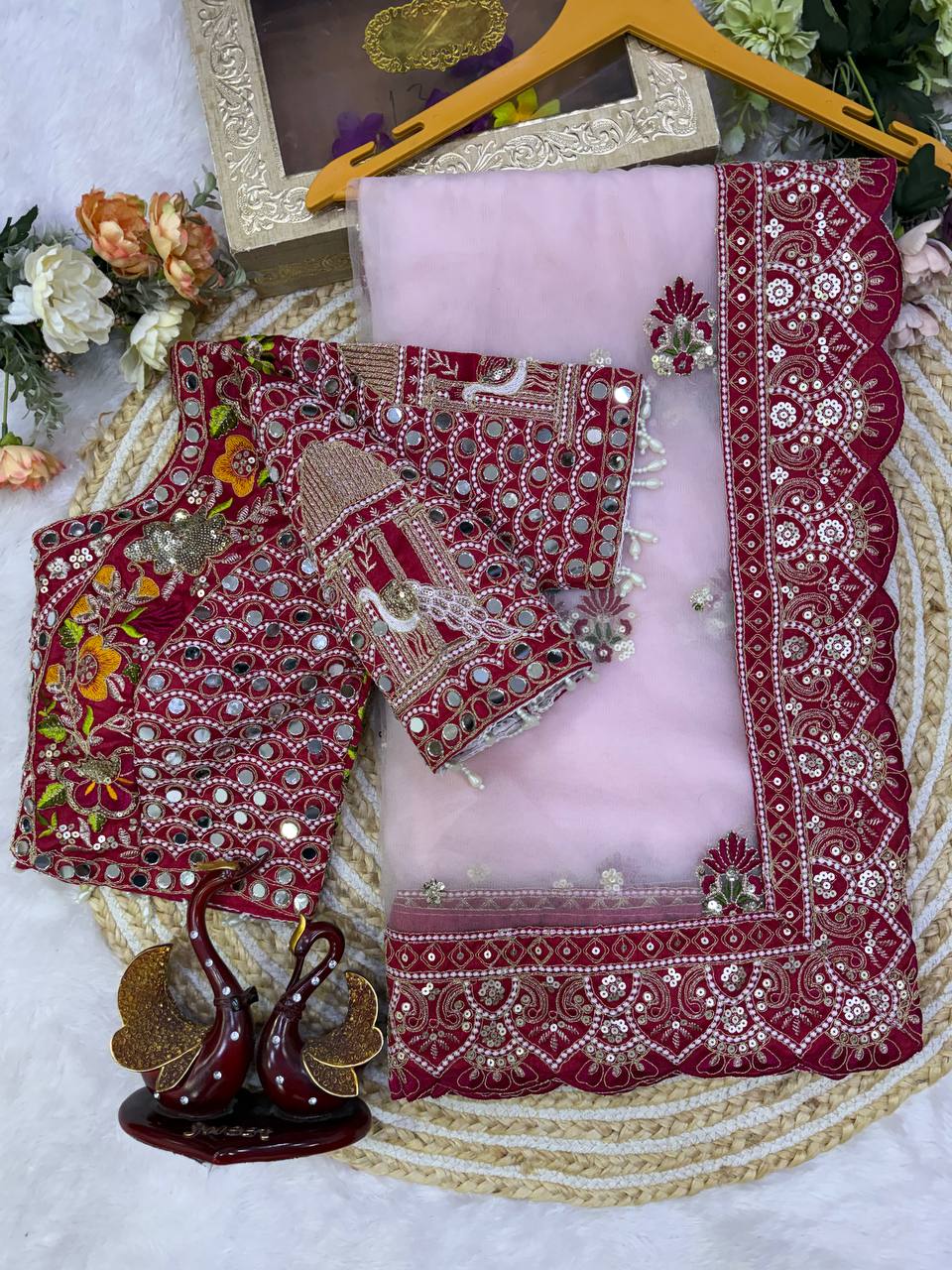 Butterfly Net Sequins Multi Thread Embroidery Mirror Work Saree