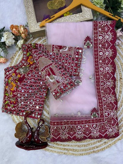 Butterfly Net Sequins Multi Thread Embroidery Mirror Work Saree