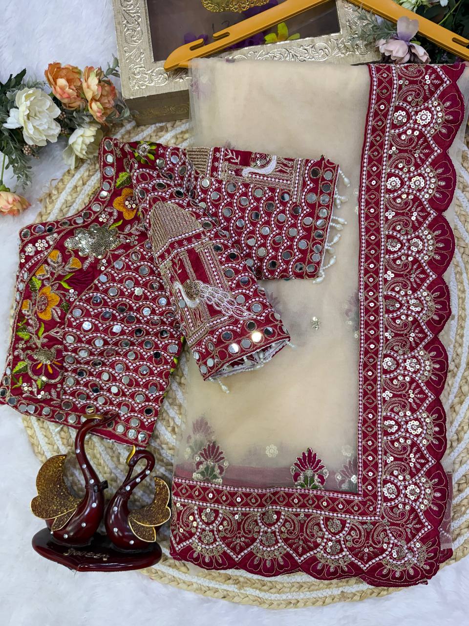 Butterfly Net Sequins Multi Thread Embroidery Mirror Work Saree