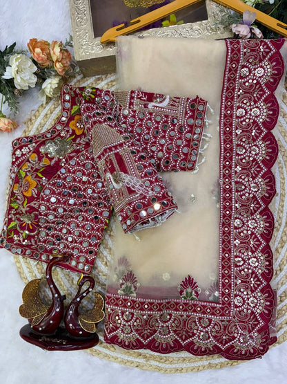 Butterfly Net Sequins Multi Thread Embroidery Mirror Work Saree